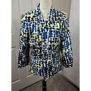 Kasper Womens Size 12 Open Front Blazer Abstract Print Blue Yellow Black